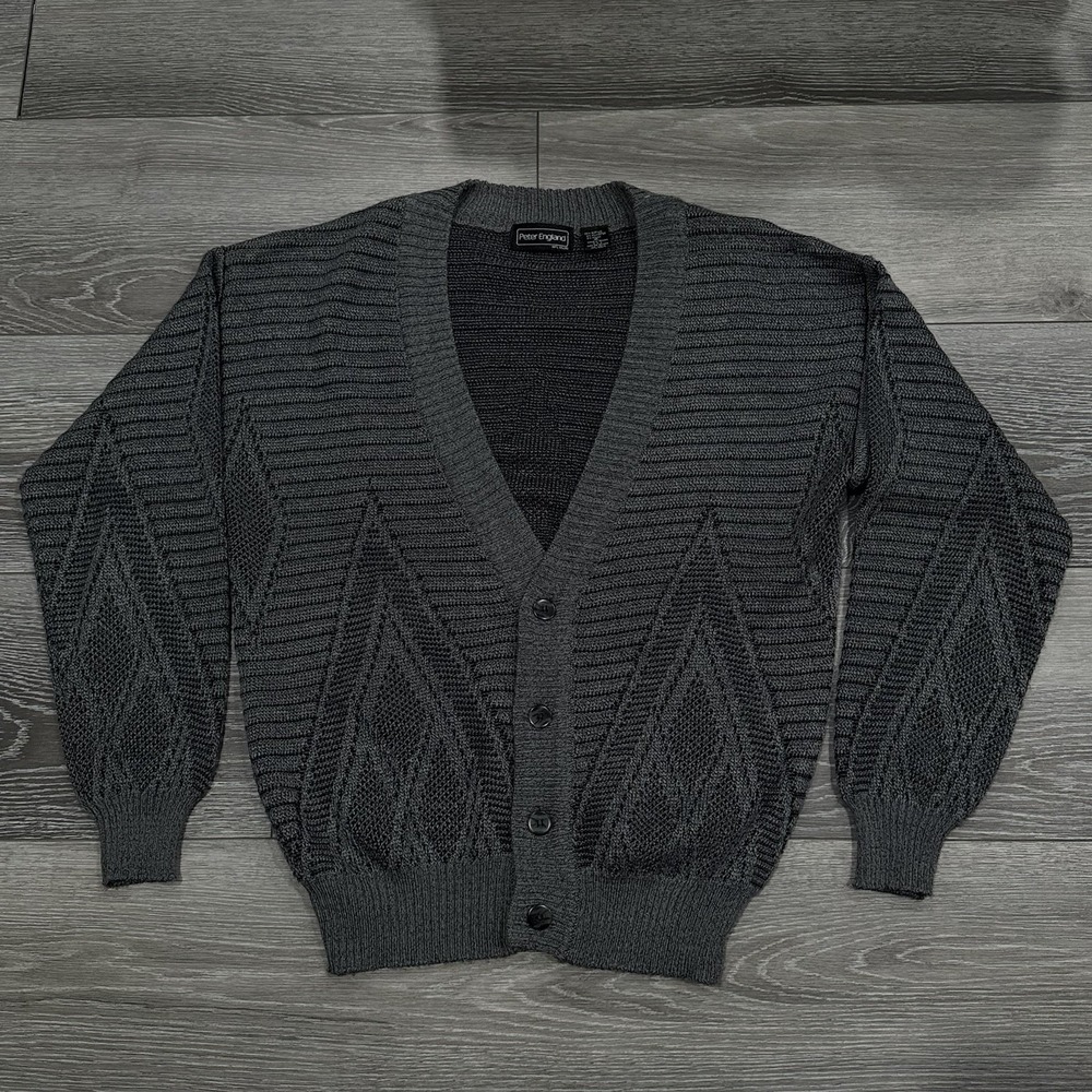 Vtg Peter England Mens Cardigan M Gray V Neck‎ Dad Grandpa Chunky Knit Sweater